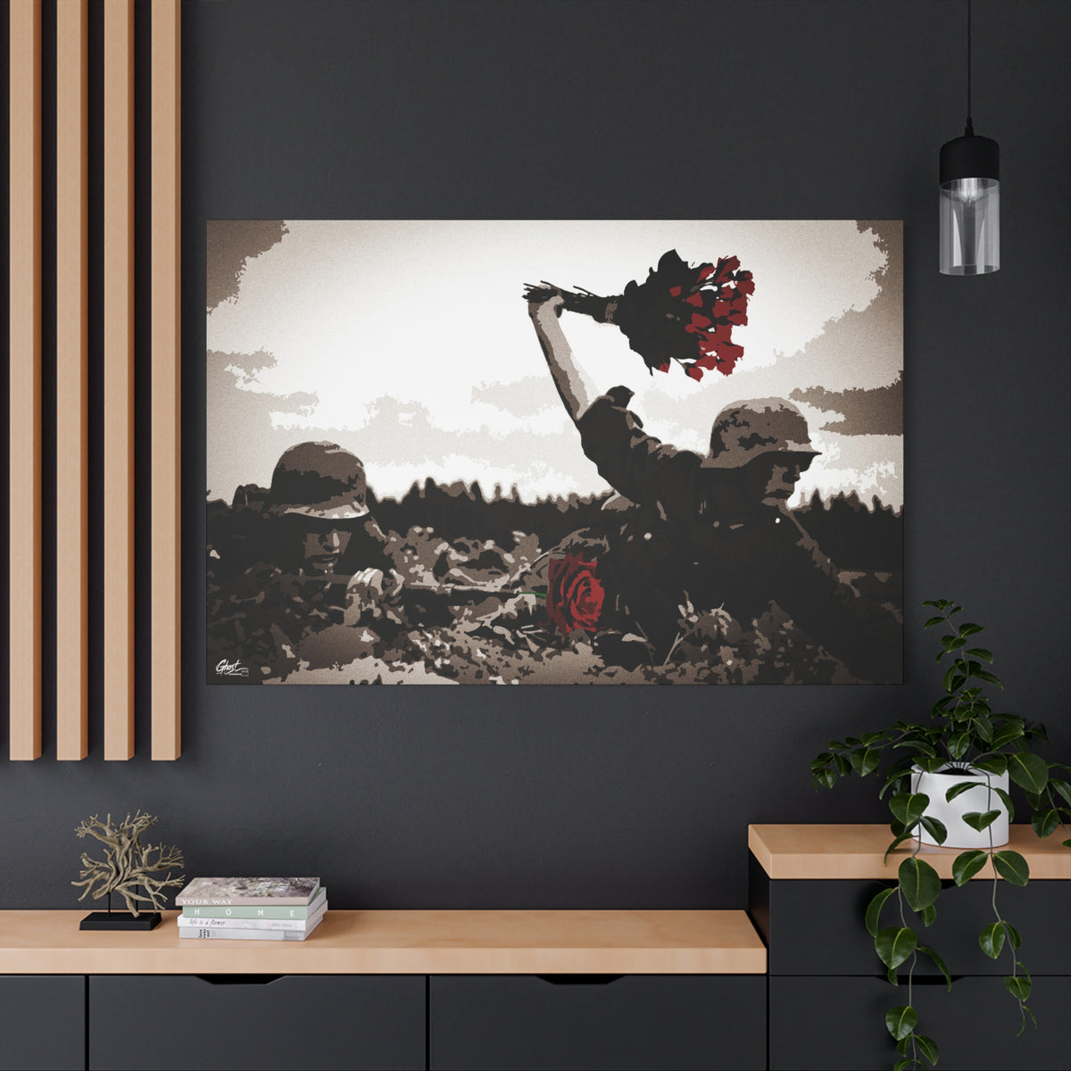 War Peace oversized canvas on a charcoal wall over an oak shelf, wartime scene with a bouquet of deep red roses
