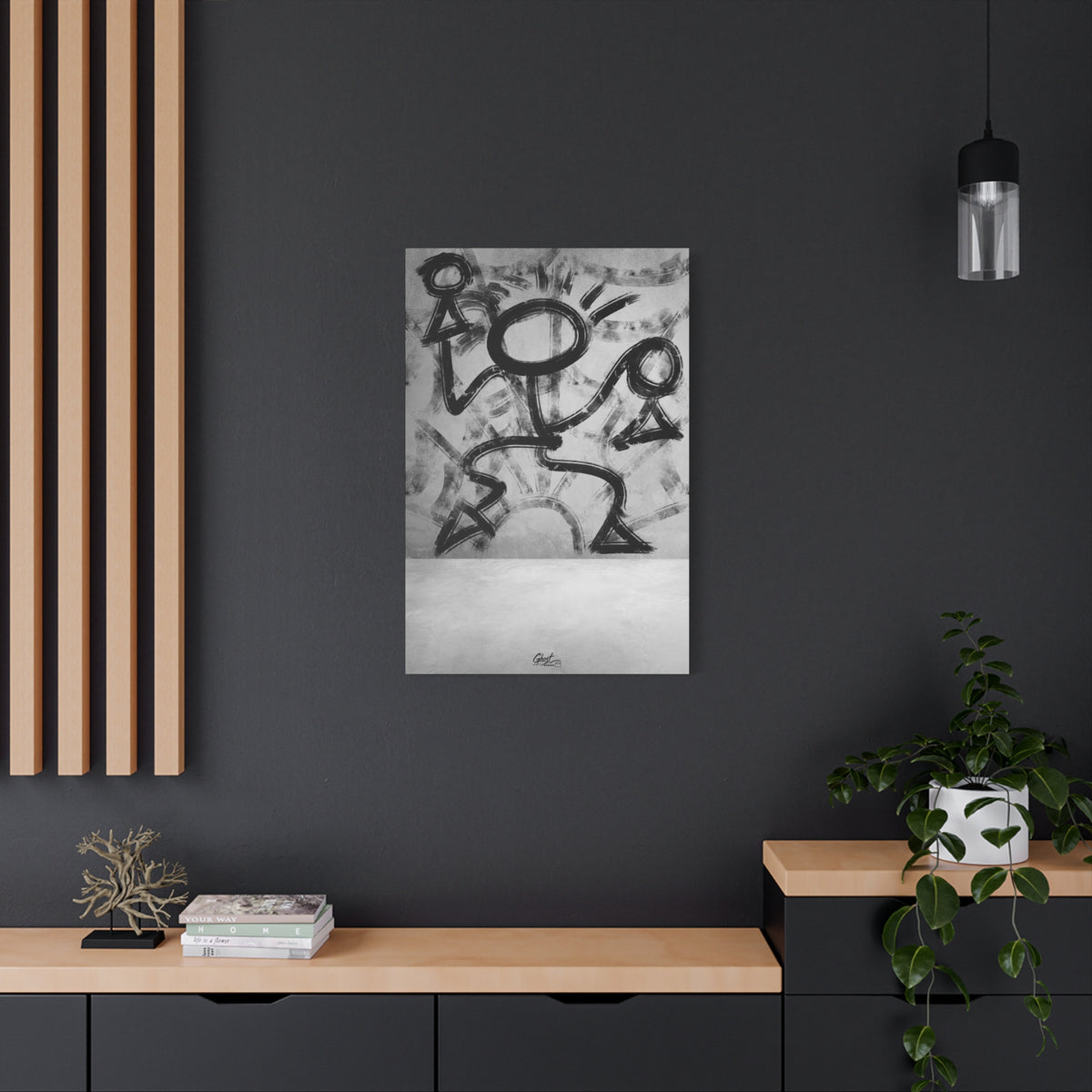 Trapped canvas on a charcoal wall by wood slats, black-and-white brushstroke figure pressing against invisible walls