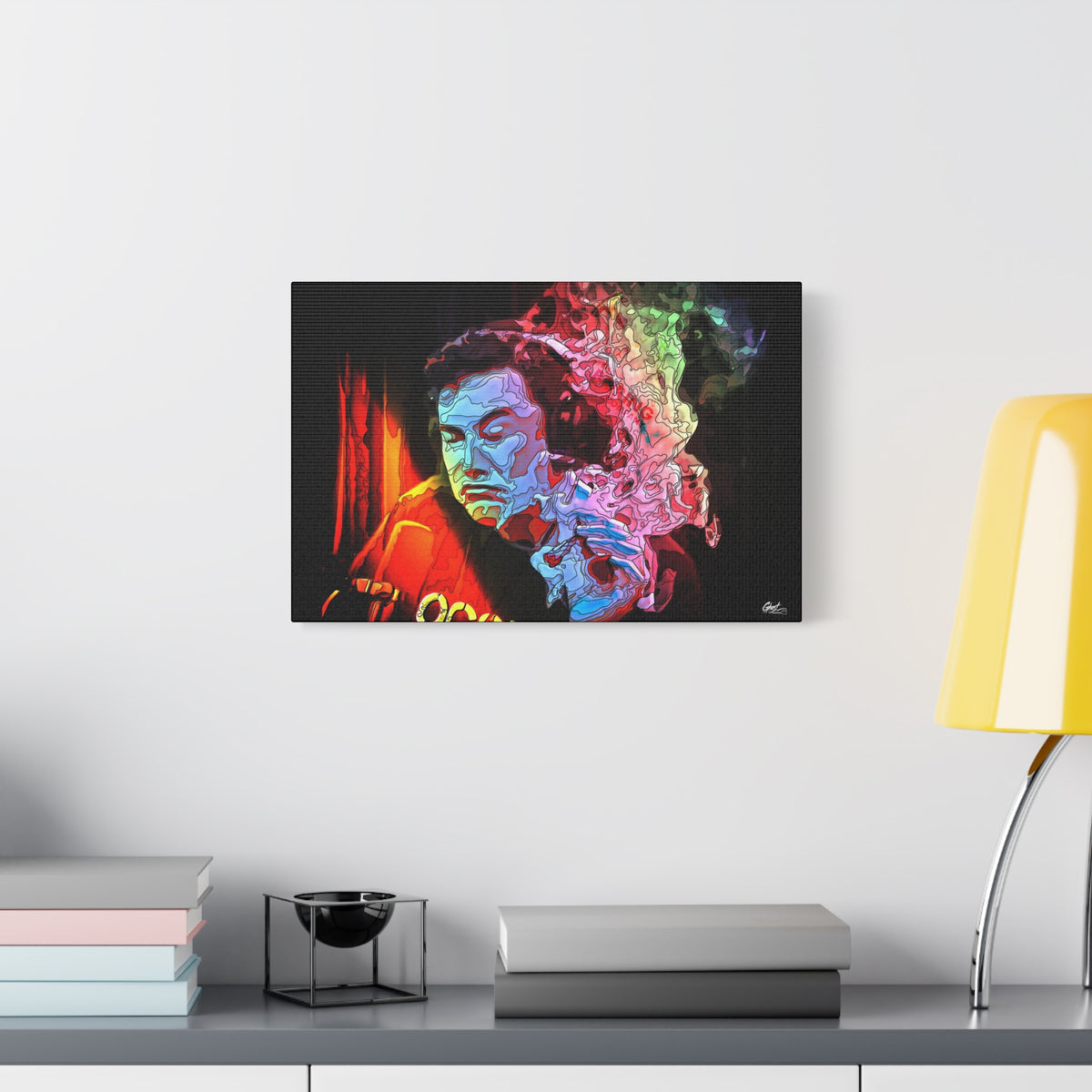 Launch Window oversized canvas beside a yellow desk lamp, ice-blue portrait with an eruption of psychedelic smoke