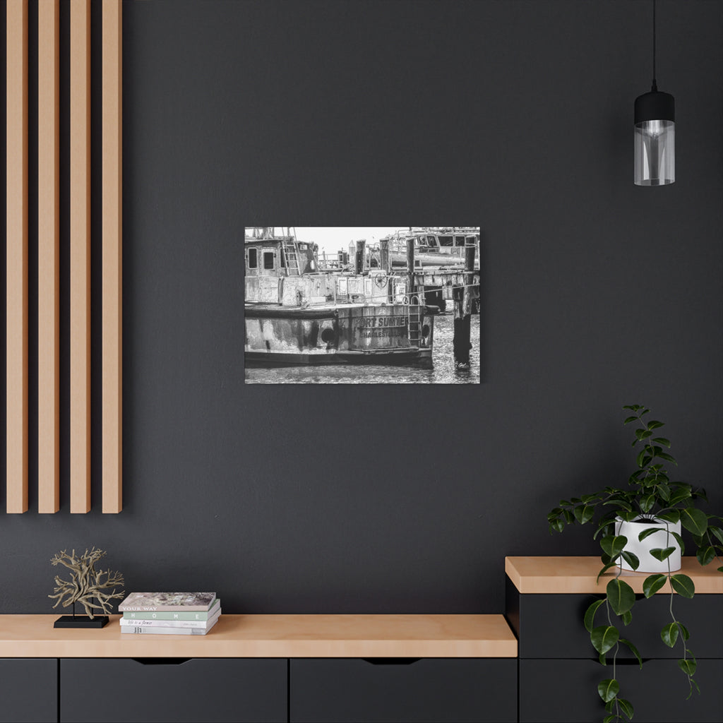 Fort Sumter Original medium canvas on a charcoal wall over an oak shelf, weathered harbor boat sketched over in pen