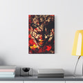 Down in a Drain medium canvas beside a yellow desk lamp, leering clown face in distressed red, black and cream