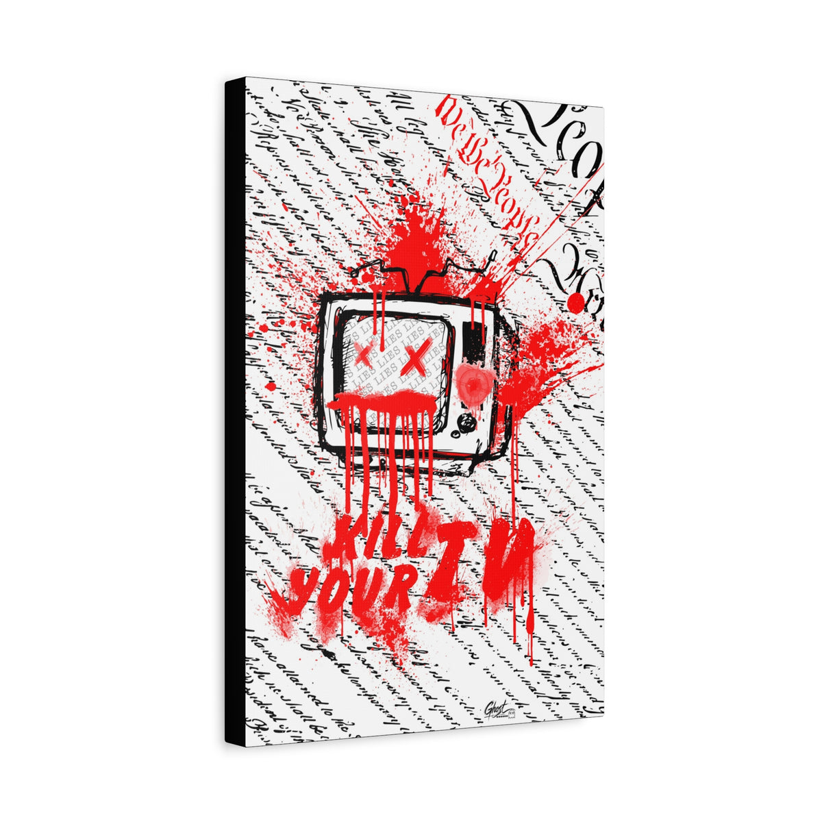 Kill Your TV canvas, angled view of the gallery-wrapped edge: hand-drawn TV with X eyes and bursting red paint