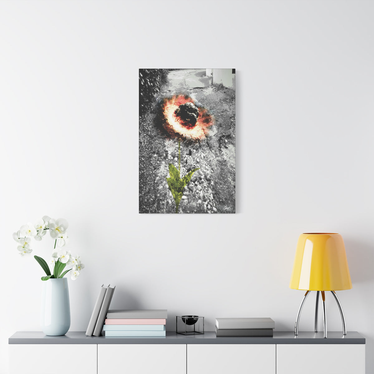 Meteor Flower large canvas on a white wall above a console, meteor-like bloom of fiery color in broken asphalt