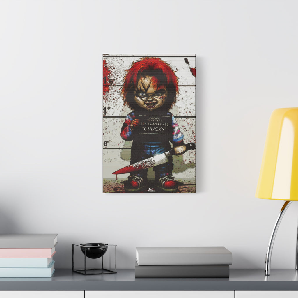 Best Friends Forever medium canvas beside a yellow desk lamp, red-haired doll with a booking placard and bloodied knife