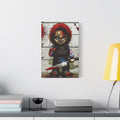 Best Friends Forever medium canvas beside a yellow desk lamp, red-haired doll with a booking placard and bloodied knife