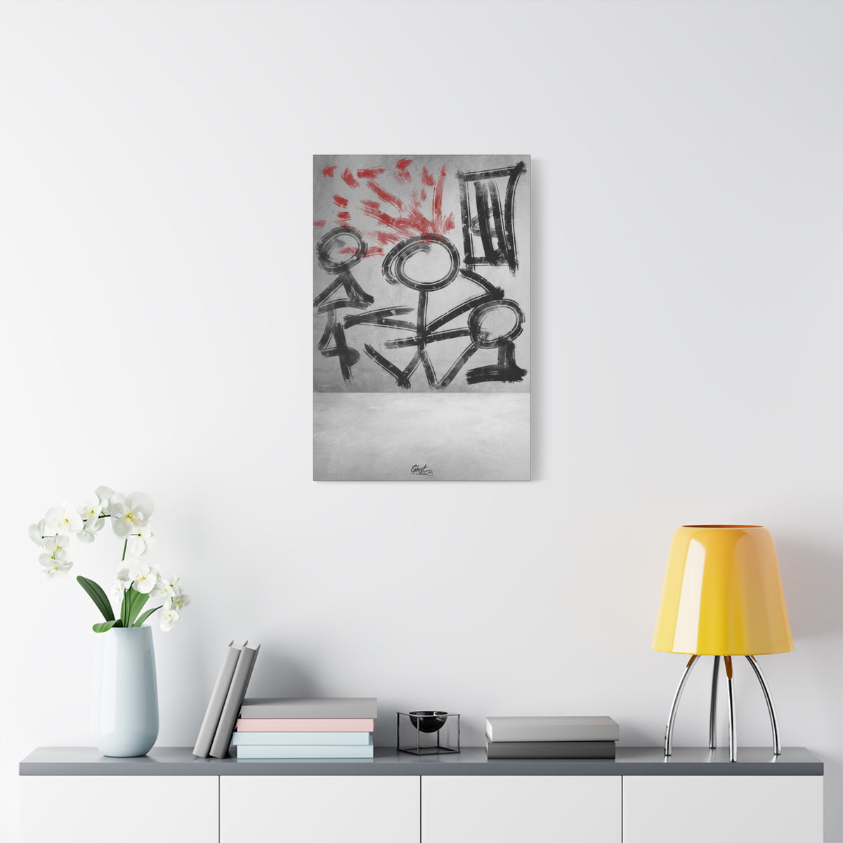 Stressed Out large canvas on a white wall above a console, charcoal-style abstract figures with a red accent
