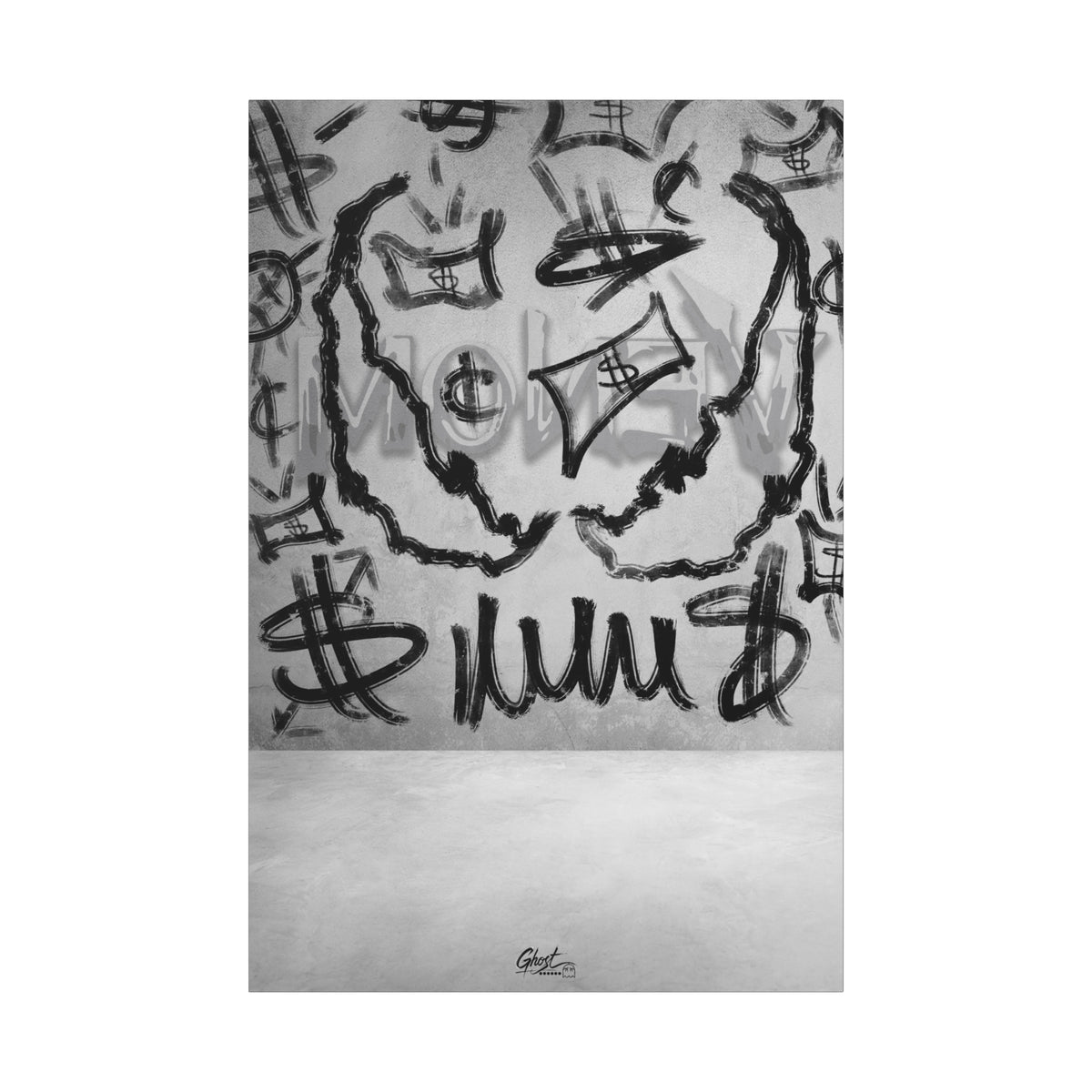 We Are Money canvas print, front view: graffiti-style black marks and tags on a pale base