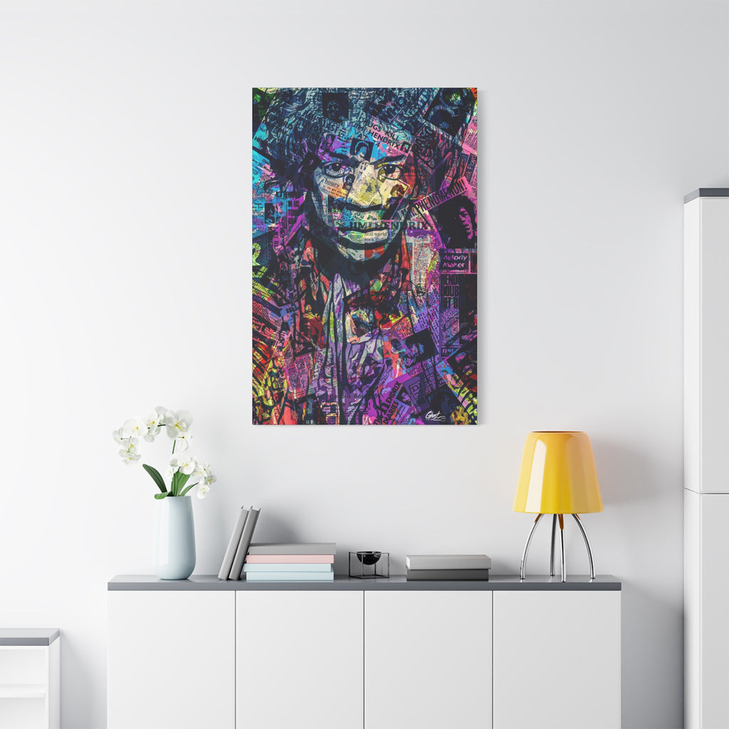 Purple Voodoo large canvas on a white wall over a sideboard, hazy music-collage portrait in deep blues