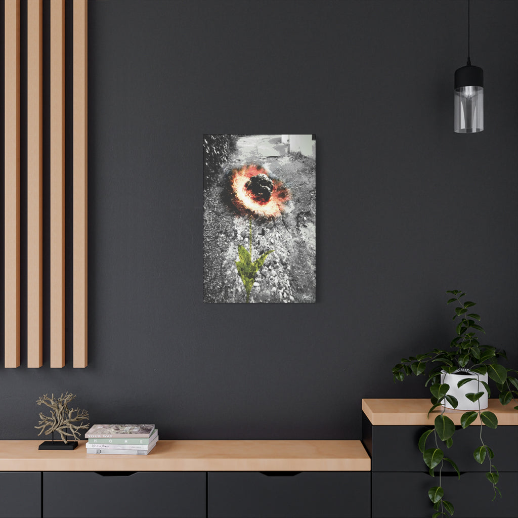 Meteor Flower canvas on a charcoal wall over an oak shelf, pothole crater ringed in orange, red and yellow like a flower