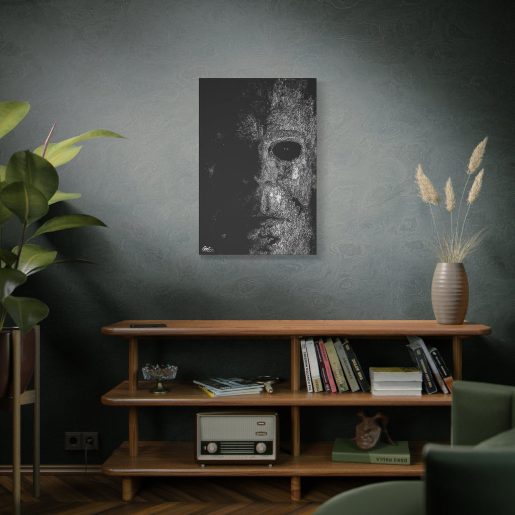 Stalk at Night canvas above a wooden bookshelf, pale mask in black-and-white pen sketch, half in shadow