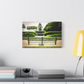 Pineapple Crossing canvas beside a yellow desk lamp, Pineapple Fountain with palmettos, hedges and four walkers