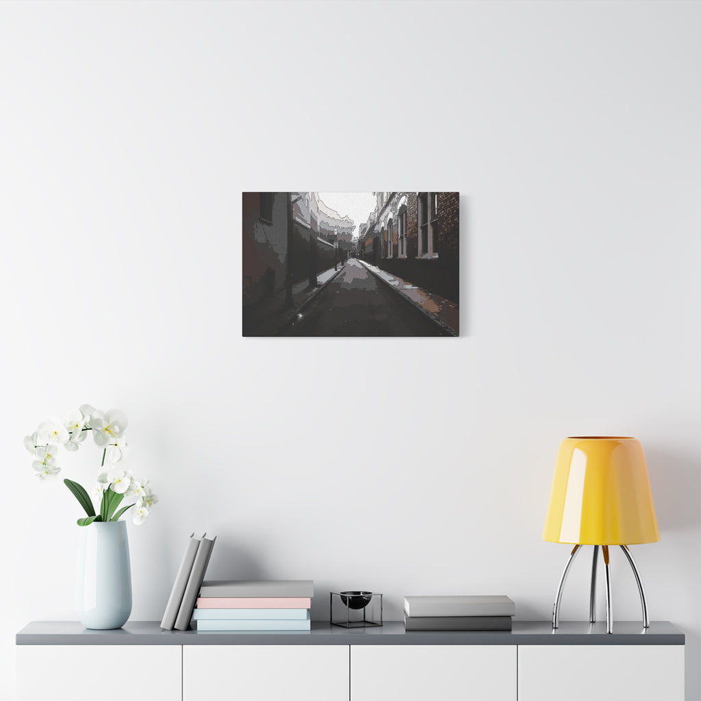 Charleston One Way medium canvas over a console with white flowers, moody alley with old brick walls and long shadows