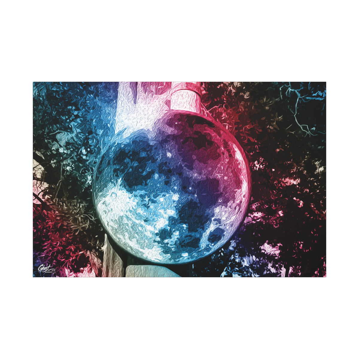 Universe in a Mirror canvas print, front view: glowing mirrored orb floating in a dreamy pink-blue sky, Charleston SC