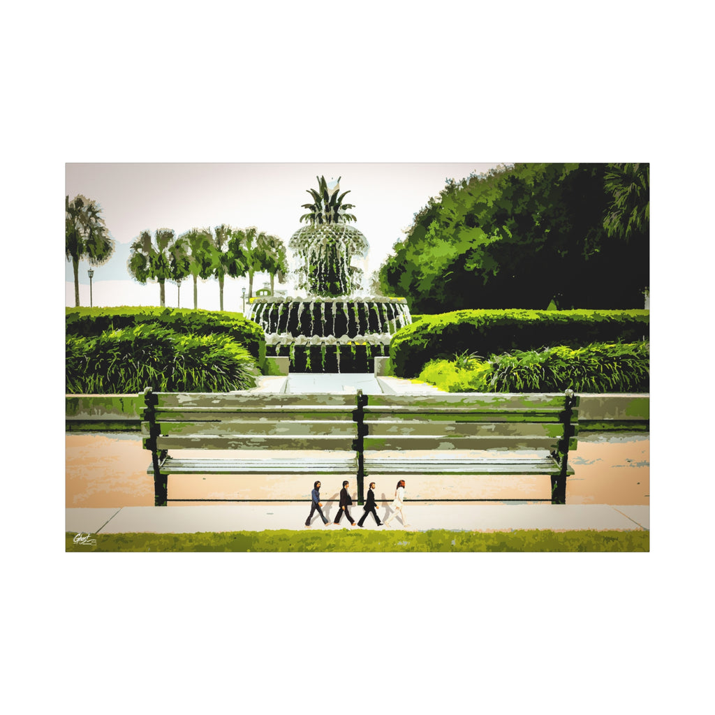Pineapple Crossing canvas print, front view: painterly park scene with the pineapple fountain, Charleston SC