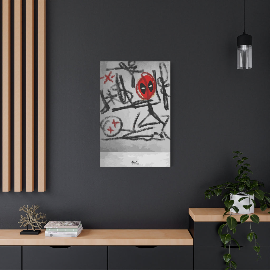 X'd Out canvas on a charcoal wall by wood slats, black brushstroke doodles with a red mask emblem