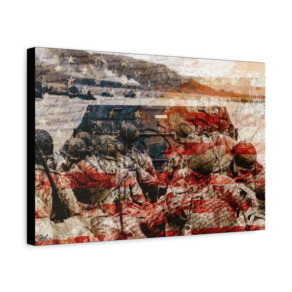 D-Day 75th Anniversary canvas, angled side view: soldiers in a landing craft layered with stars and stripes