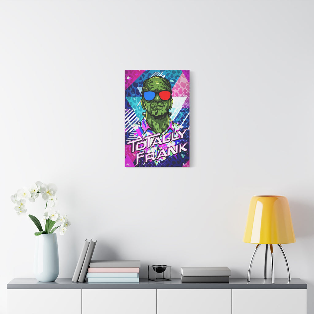 Monster Vibes medium canvas over a console with white flowers, green monster in red-and-blue 3D glasses and a tropical shirt