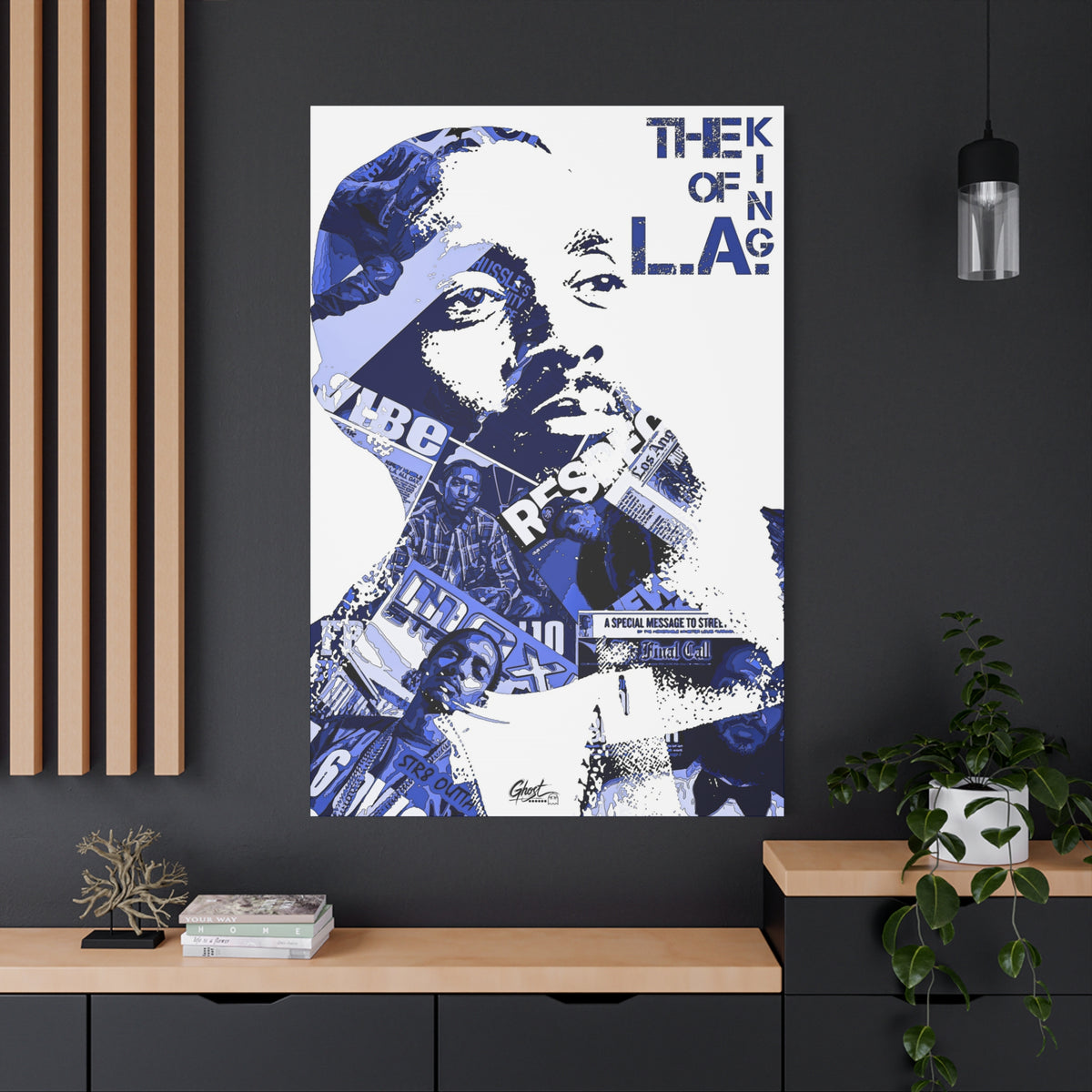 Crown of the Coast canvas on a charcoal wall by wood slats, indigo clipping-collage portrait with bold lettering