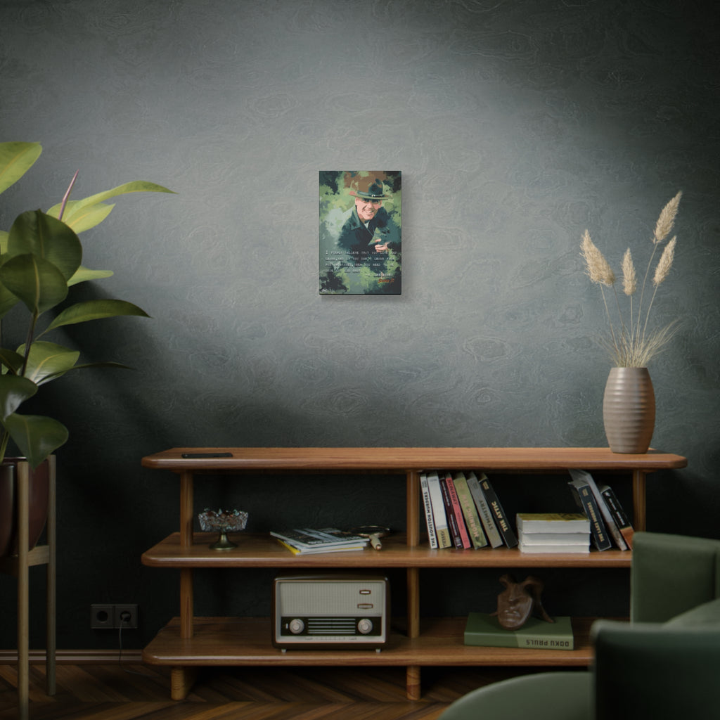 Live and Learn small canvas on a green-gray wall over bookshelves, painterly drill instructor portrait in camo greens