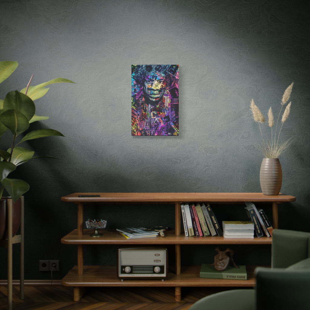 Purple Voodoo medium canvas above a wooden bookshelf, hazy music-collage portrait in deep blues