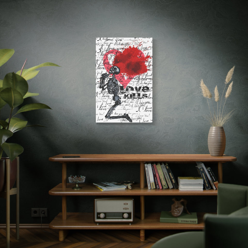 Love Kills canvas above a wooden bookshelf, kneeling skeleton before a burst pink and crimson heart