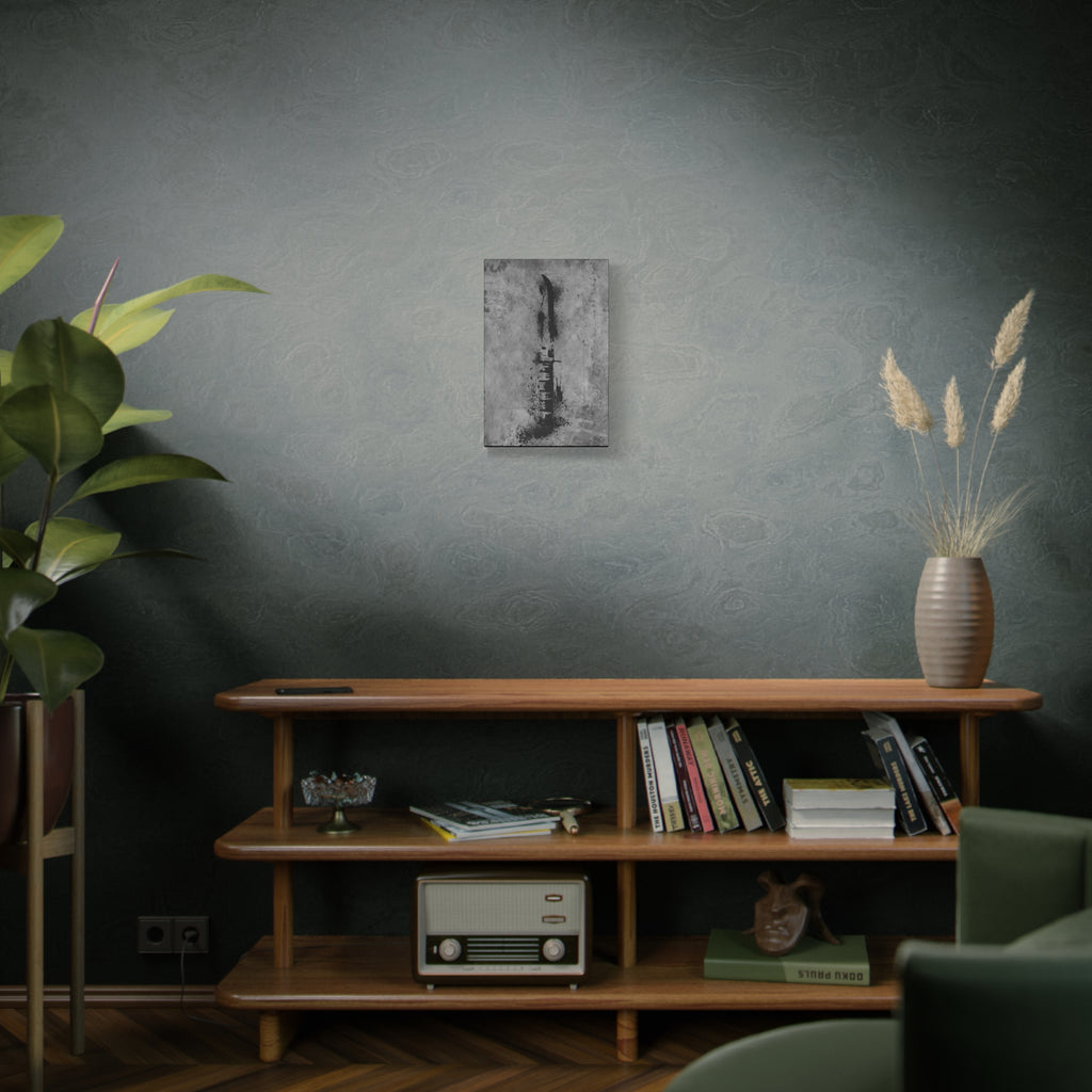 Marines BFF small canvas on a green-gray wall over bookshelves, clip-point knife silhouette in gritty black and gray