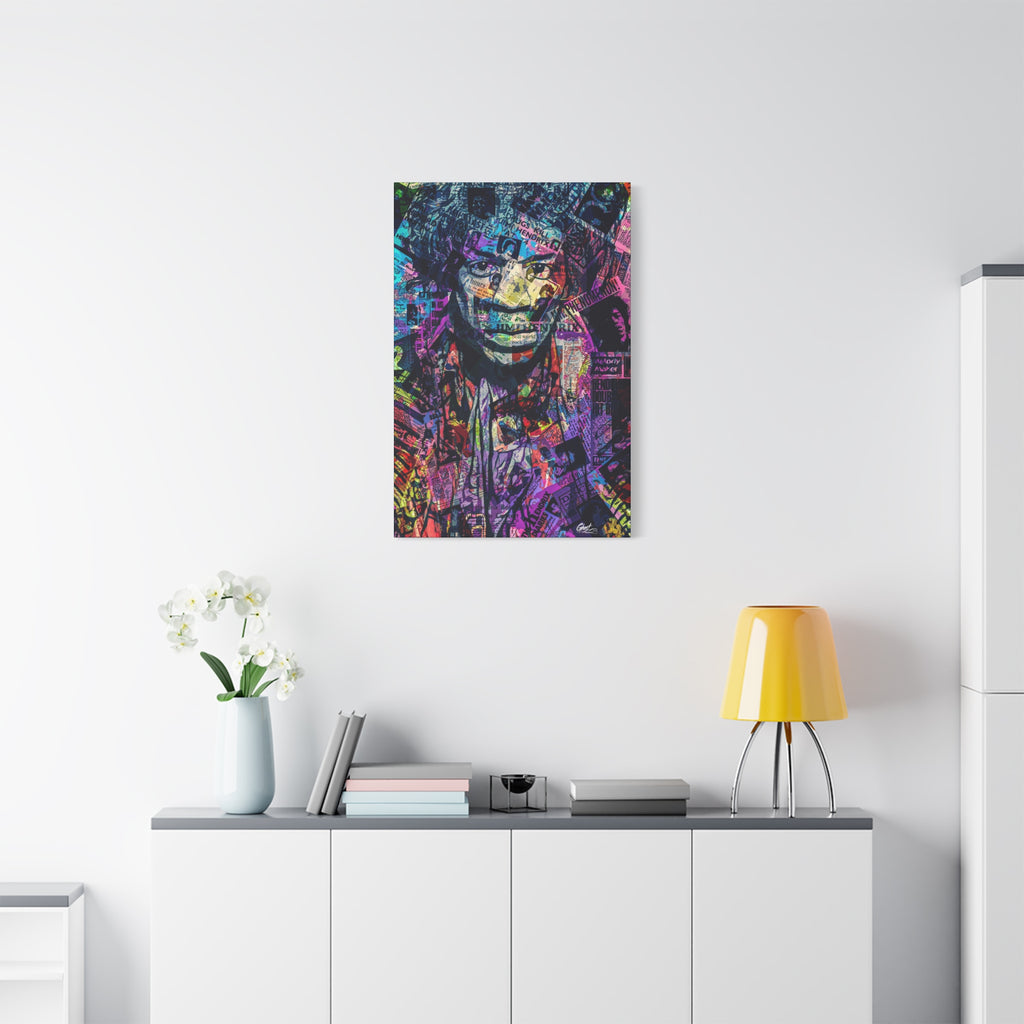 Purple Voodoo small canvas above a white sideboard and yellow lamp, haloed face in a blue, purple and pink newspaper collage