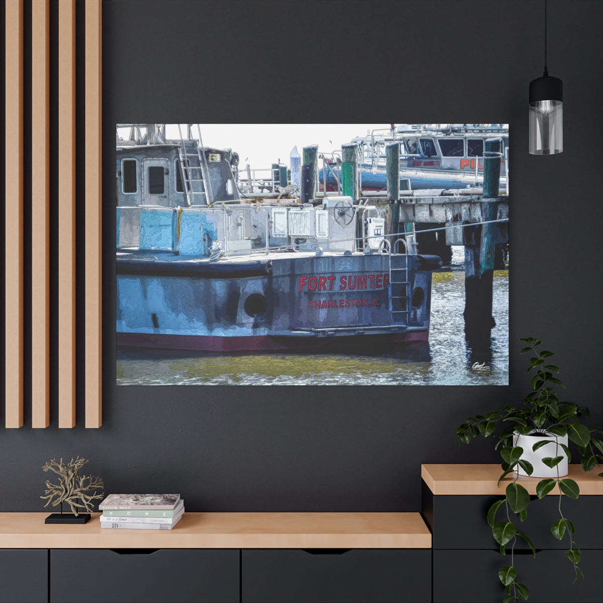Fort Sumter Enhanced canvas on a charcoal wall by wood slats, pen-drawn Fort Sumter tour boat in muted blues and reds