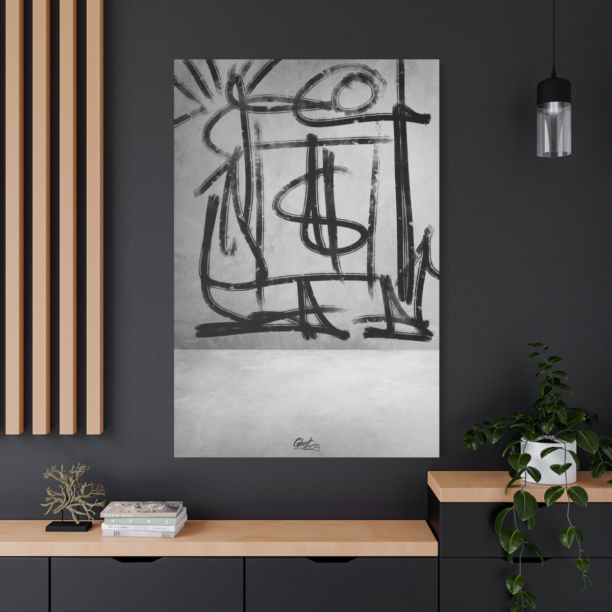 Best Day Ever oversized canvas on a charcoal wall over an oak shelf, expressive black-and-white abstract line art