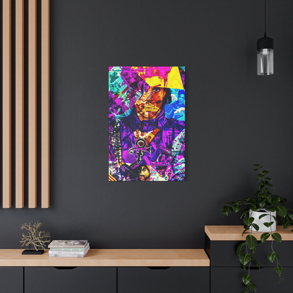 The Symbol large canvas on a charcoal wall by wood slats, portrait in a yellow hat over a purple and teal magazine collage