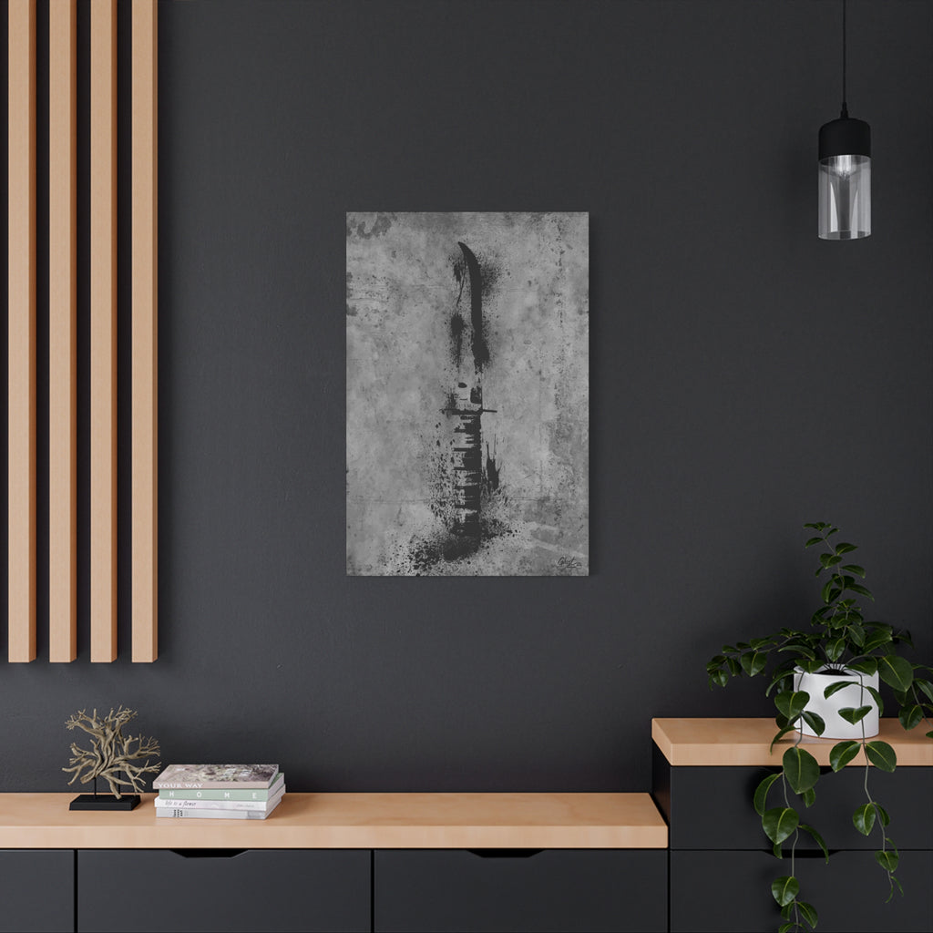 Marines BFF canvas on a charcoal wall by wood slats, Marine fighting knife in black ink spatter on concrete gray