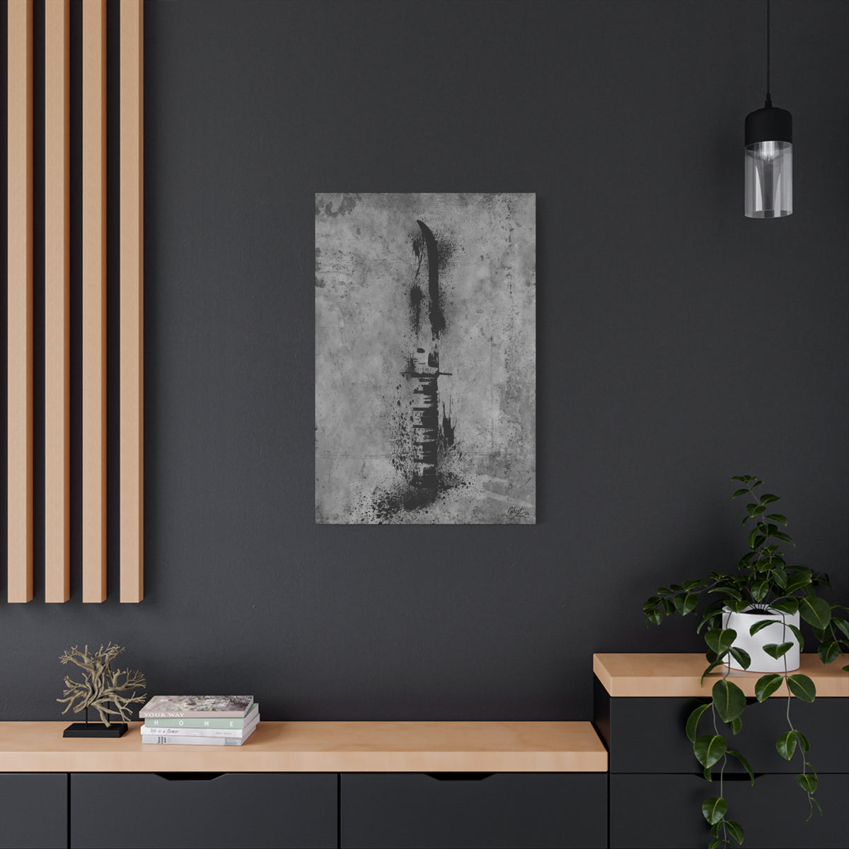 Marines BFF canvas on a charcoal wall by wood slats, Marine fighting knife in black ink spatter on concrete gray