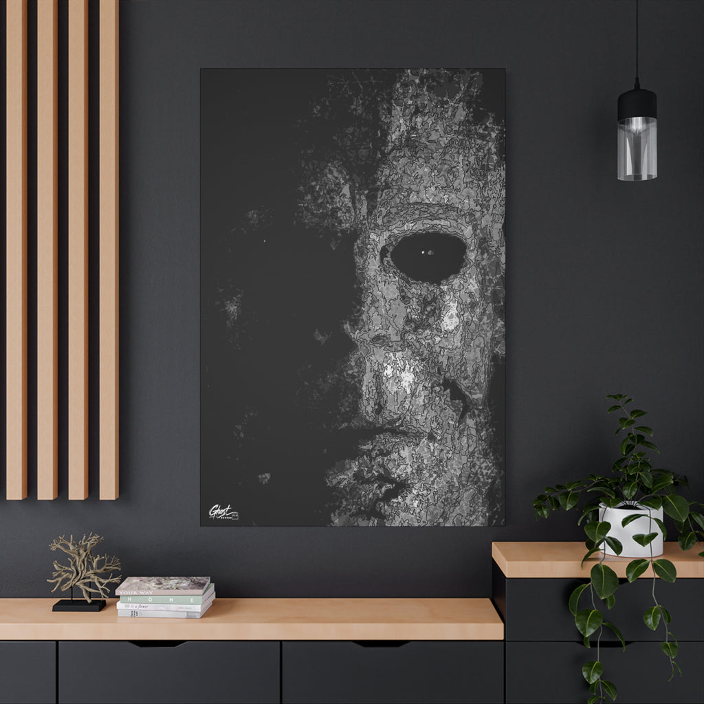 Stalk at Night large canvas on a charcoal wall over an oak shelf, scratchy pen-and-ink mask emerging from darkness