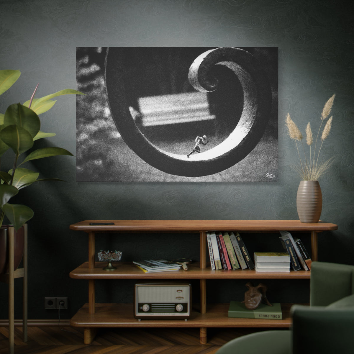 A Man in Charleston oversized canvas on a green-gray wall over bookshelves, tiny running figure inside a curled wrought-iron scroll in grainy black and white