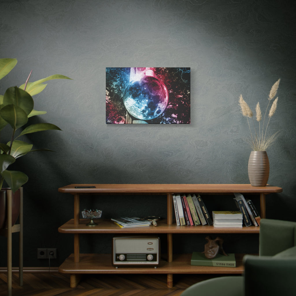 Universe in a Mirror medium canvas above a wooden bookshelf, glowing mirrored orb floating in a dreamy pink-blue sky