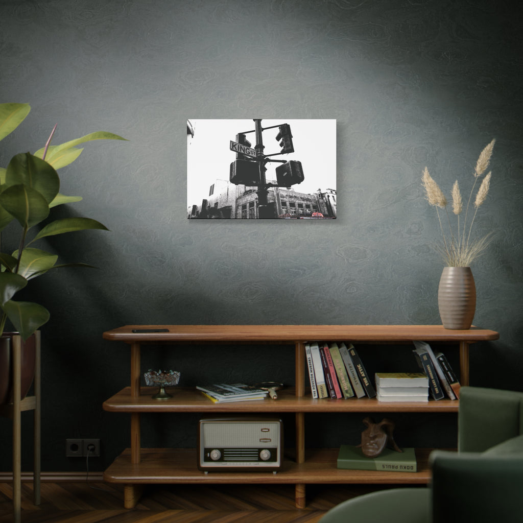 King St medium canvas on a green-gray wall over bookshelves, King Street sign and traffic lights in vintage black and white