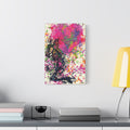 Waiting on My Love medium canvas beside a yellow desk lamp, kneeling skeletal figure under a fuchsia splatter heart