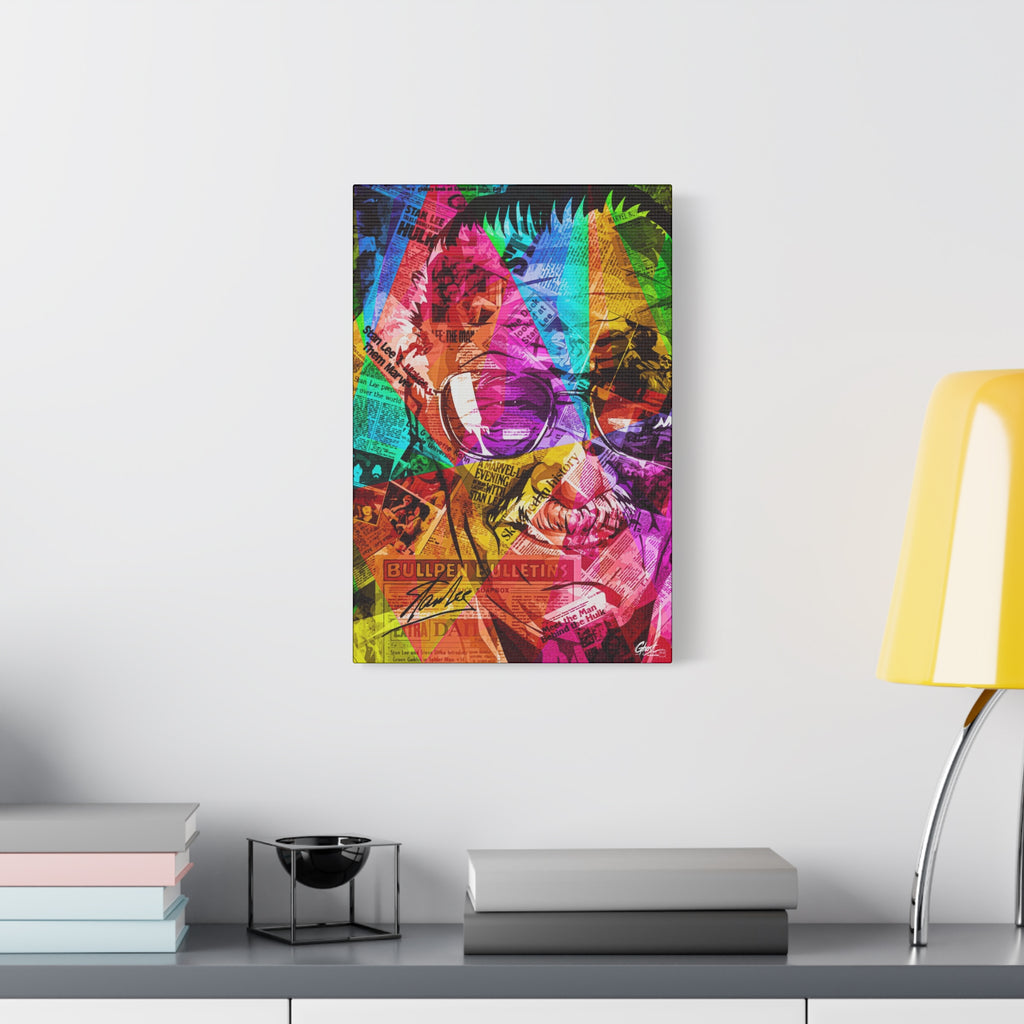 The Man the Myth the Legend canvas beside a yellow desk lamp, comic-page collage face in aviators split into neon color bands