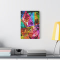 The Man the Myth the Legend canvas beside a yellow desk lamp, comic-page collage face in aviators split into neon color bands