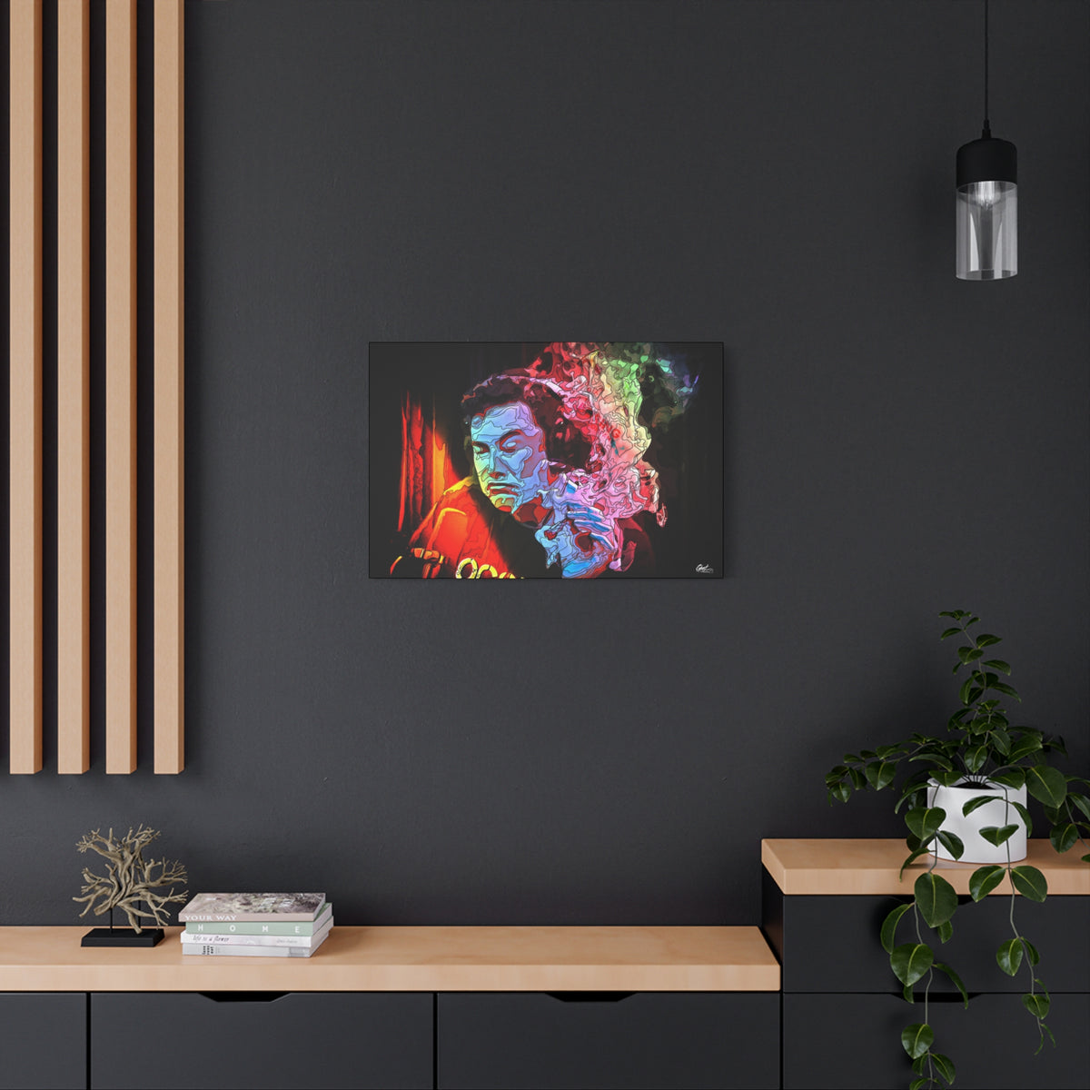 Launch Window medium canvas on a charcoal wall by wood slats, neon smoke cloud swirling from a dark portrait
