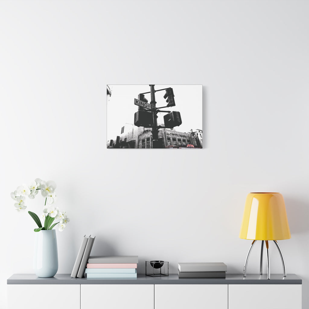 King St medium canvas over a console with white flowers, black-and-white King Street signals and the Riviera Theatre