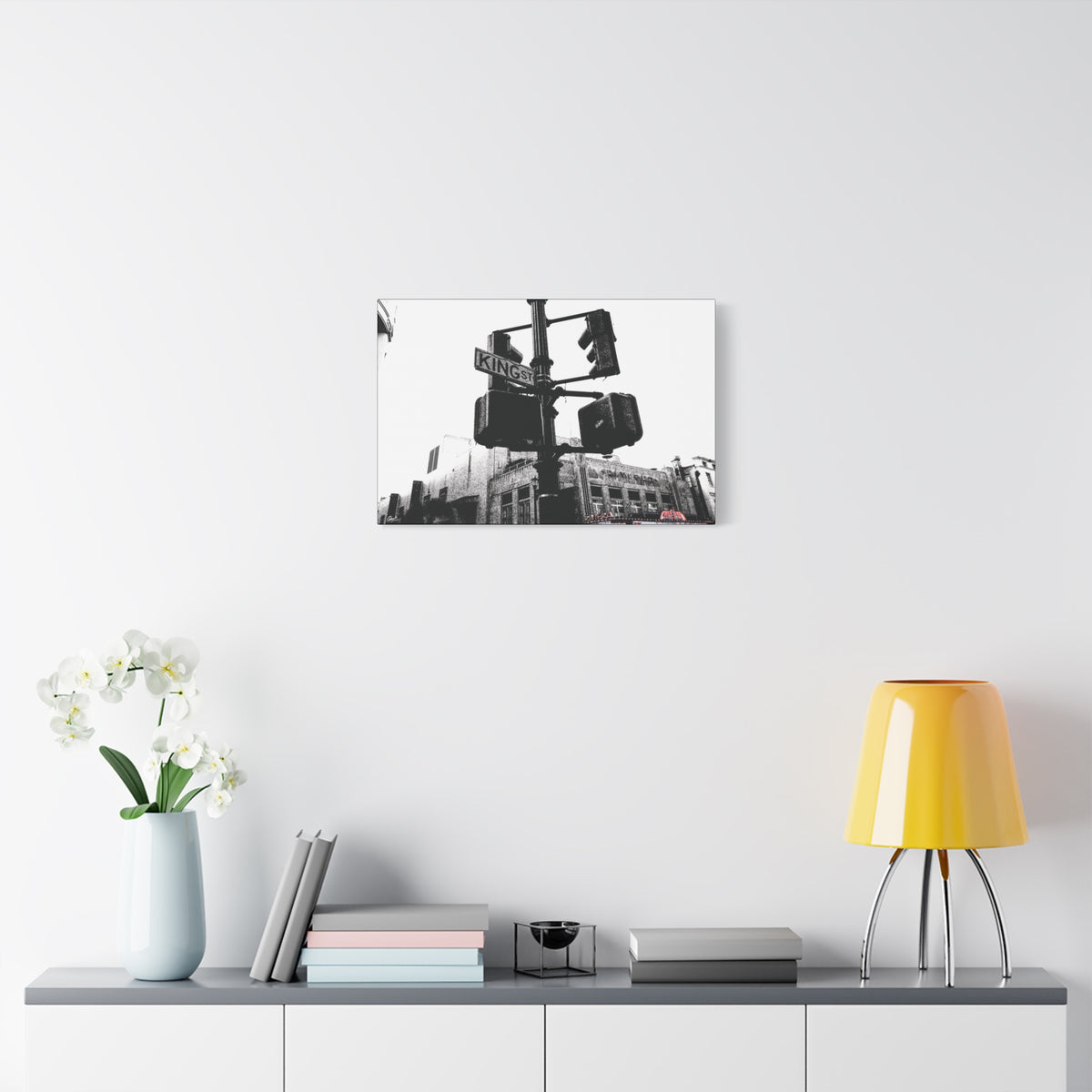 King St medium canvas over a console with white flowers, black-and-white King Street signals and the Riviera Theatre
