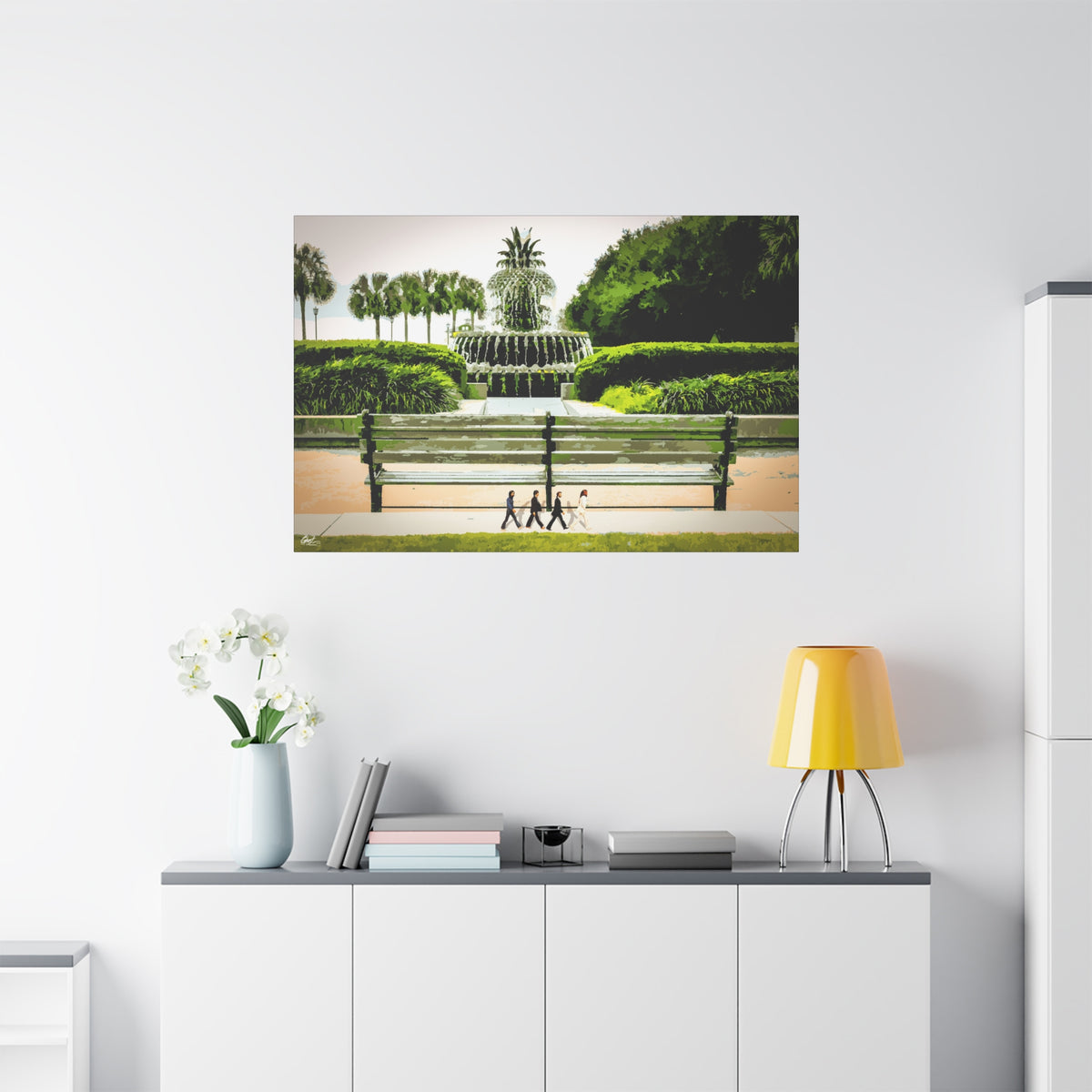 Pineapple Crossing large canvas on a white wall over a sideboard, painterly park scene with the pineapple fountain
