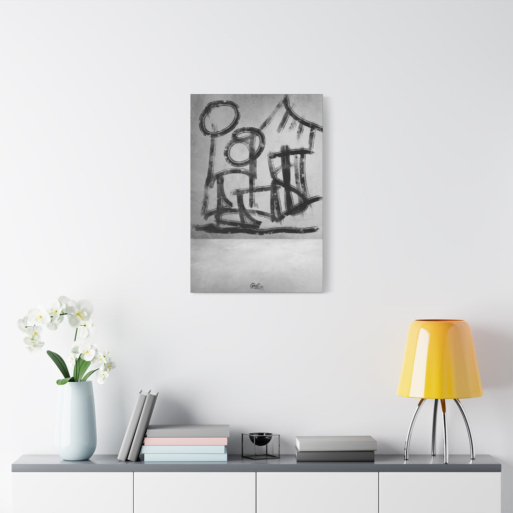 The Question large canvas on a white wall above a console, sketchbook-style black-and-white abstract