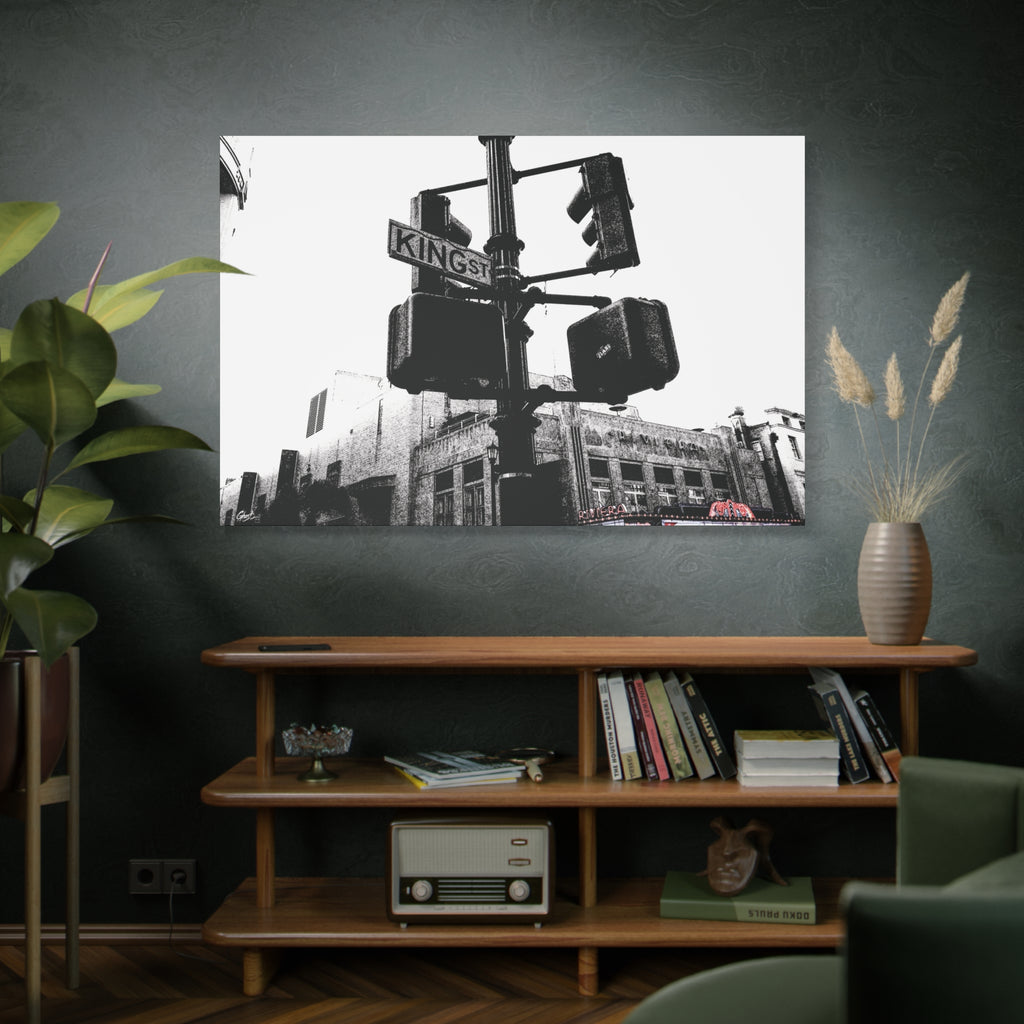 King St oversized canvas on a green-gray wall over bookshelves, black-and-white King Street signals and the Riviera Theatre