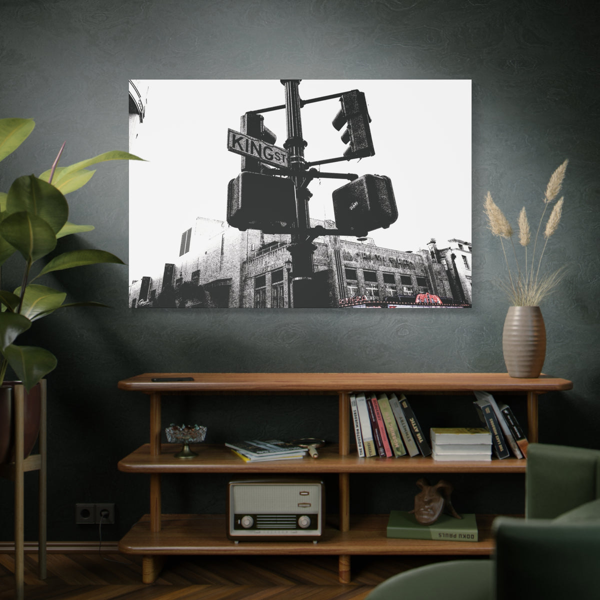 King St oversized canvas on a green-gray wall over bookshelves, black-and-white King Street signals and the Riviera Theatre