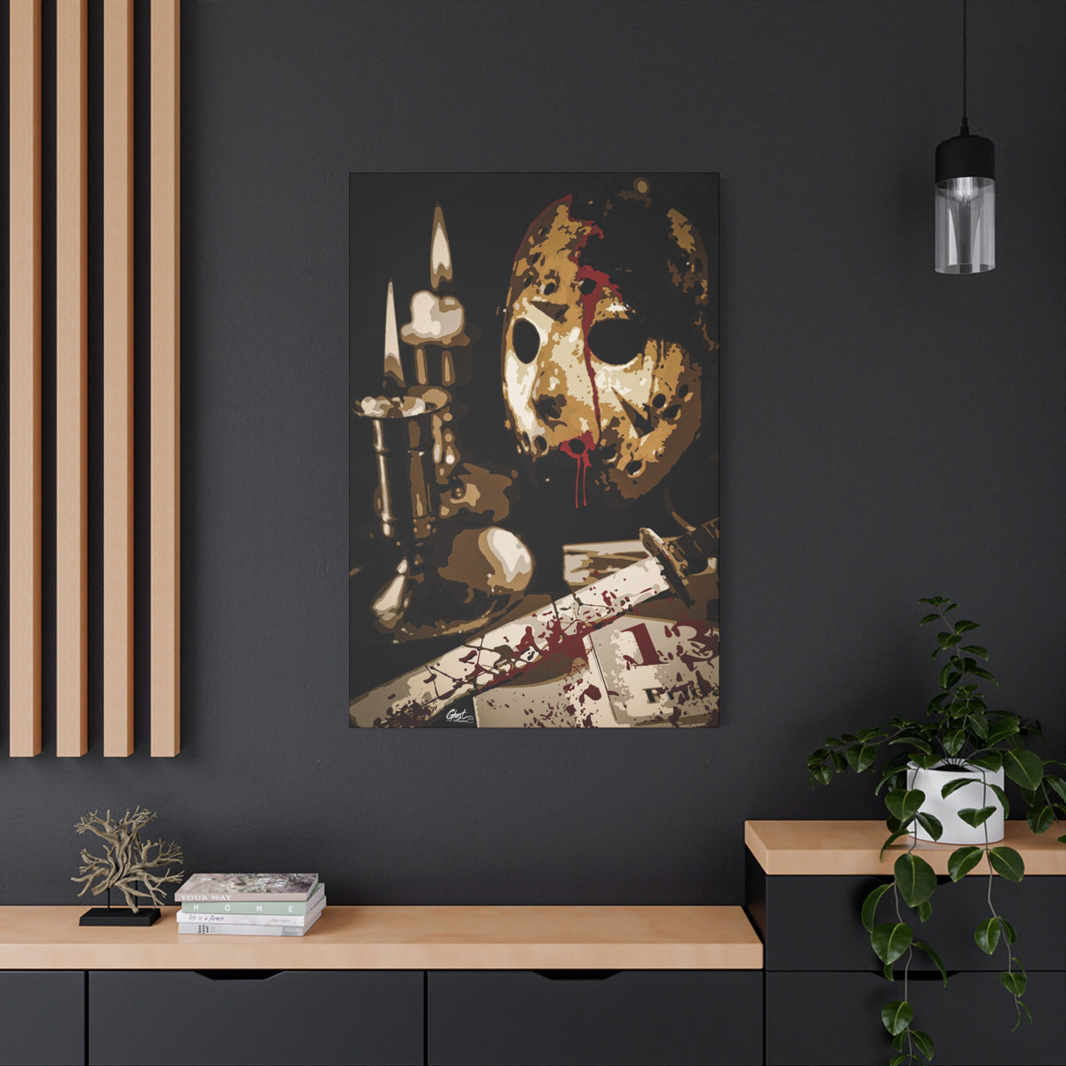Off the Clock large canvas on a charcoal wall by wood slats, bloodied hockey mask beside lit candles and a machete