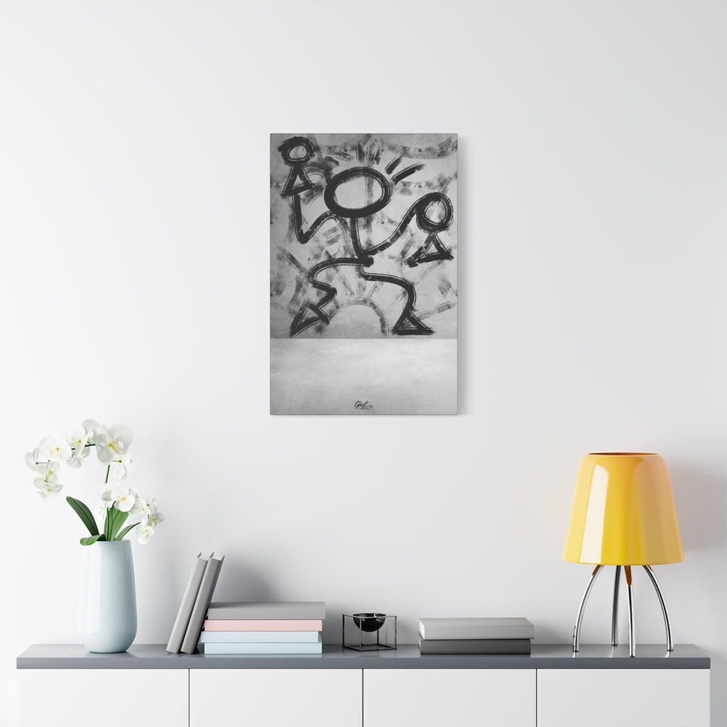 Trapped large canvas on a white wall above a console, raw charcoal-style abstract figure in motion