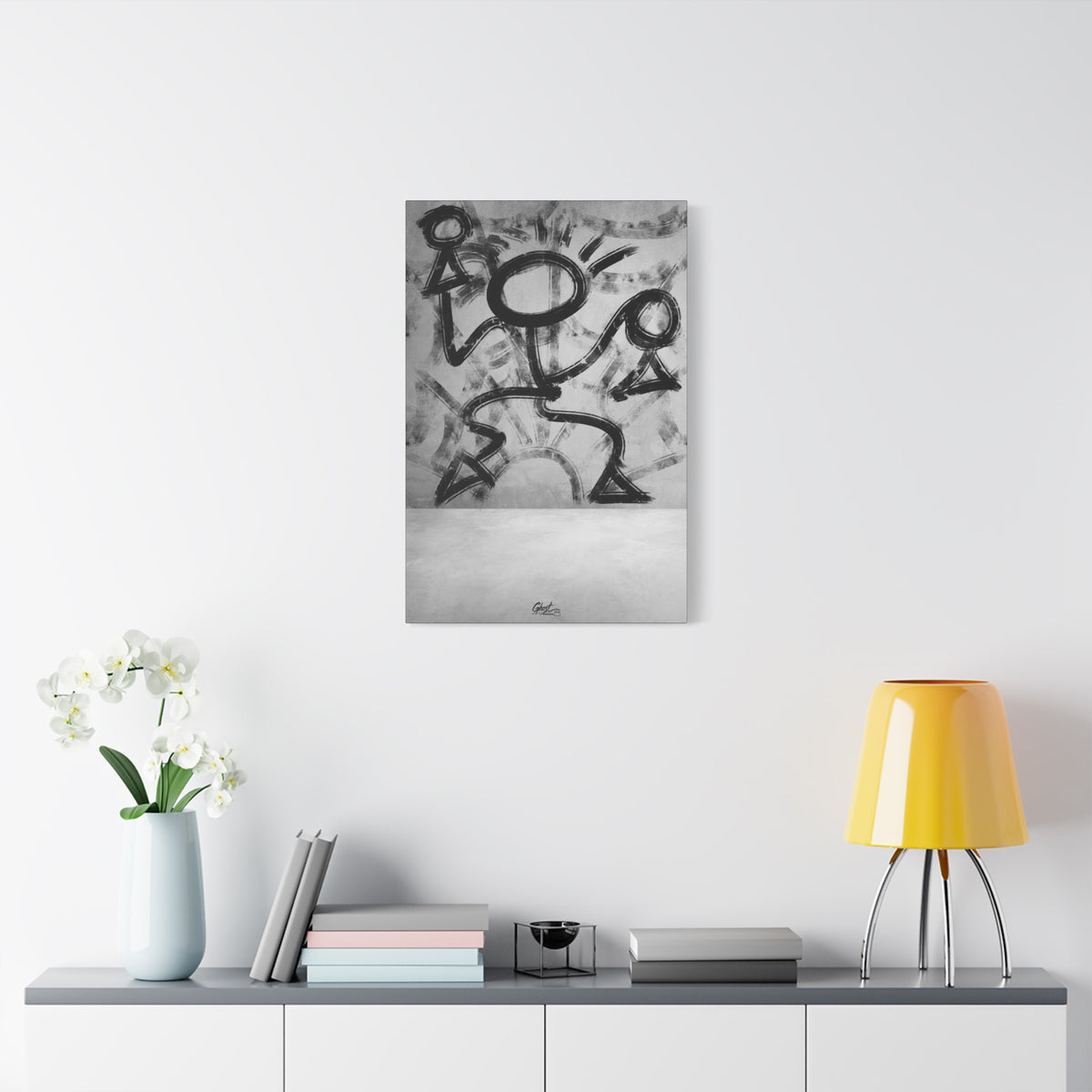 Trapped large canvas on a white wall above a console, raw charcoal-style abstract figure in motion