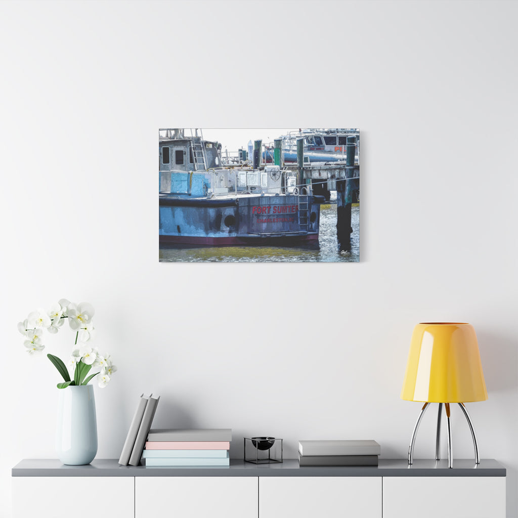 Fort Sumter Enhanced oversized canvas on a white wall above a console, weathered harbor boat with hand-drawn reflections